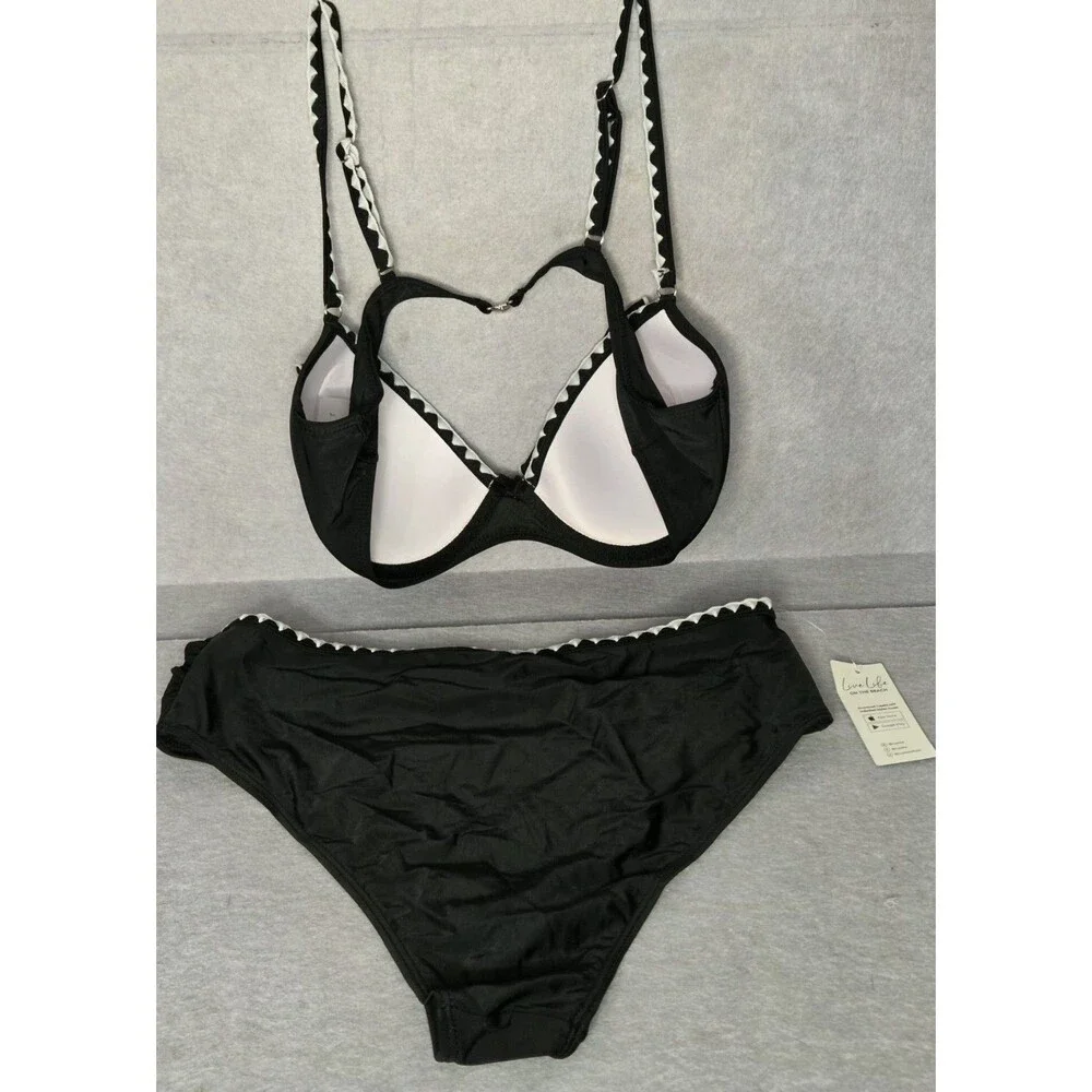 CUPSHE Black/White Ruffle Sz L Bikini  2 Pc Set Womens Underwire Swimwear NWT